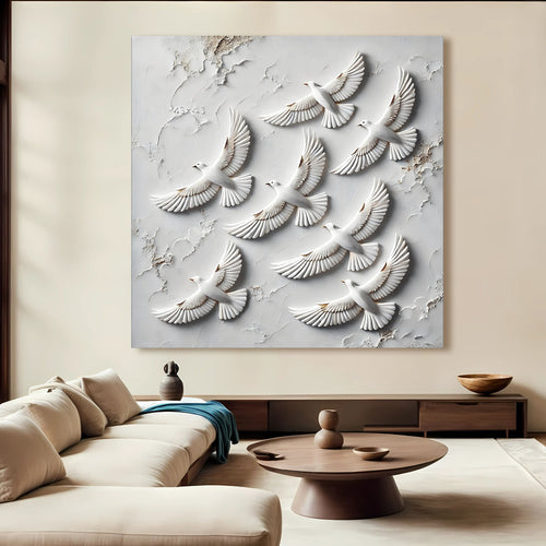 3D birds wall art canvas with a flock of raised birds on white textured background