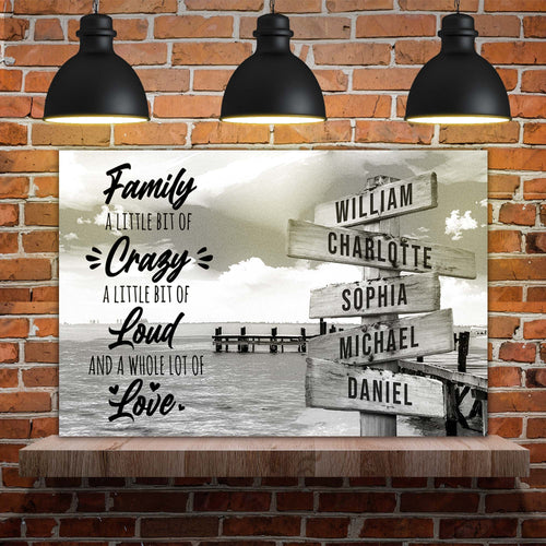 Family names wall sign with stenciled names William, Charlotte, Sophia, Michael, Daniel