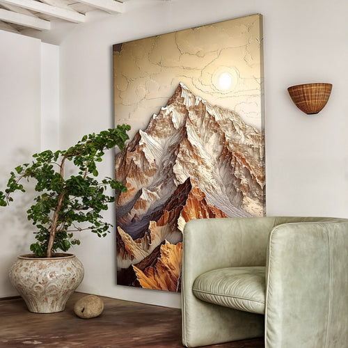 Mountain wall art canvas with layered peaks and orange valleys, cream background