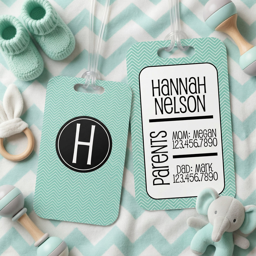 Personalized diaper bag tag pair, teal chevron and monogram H, with custom name text