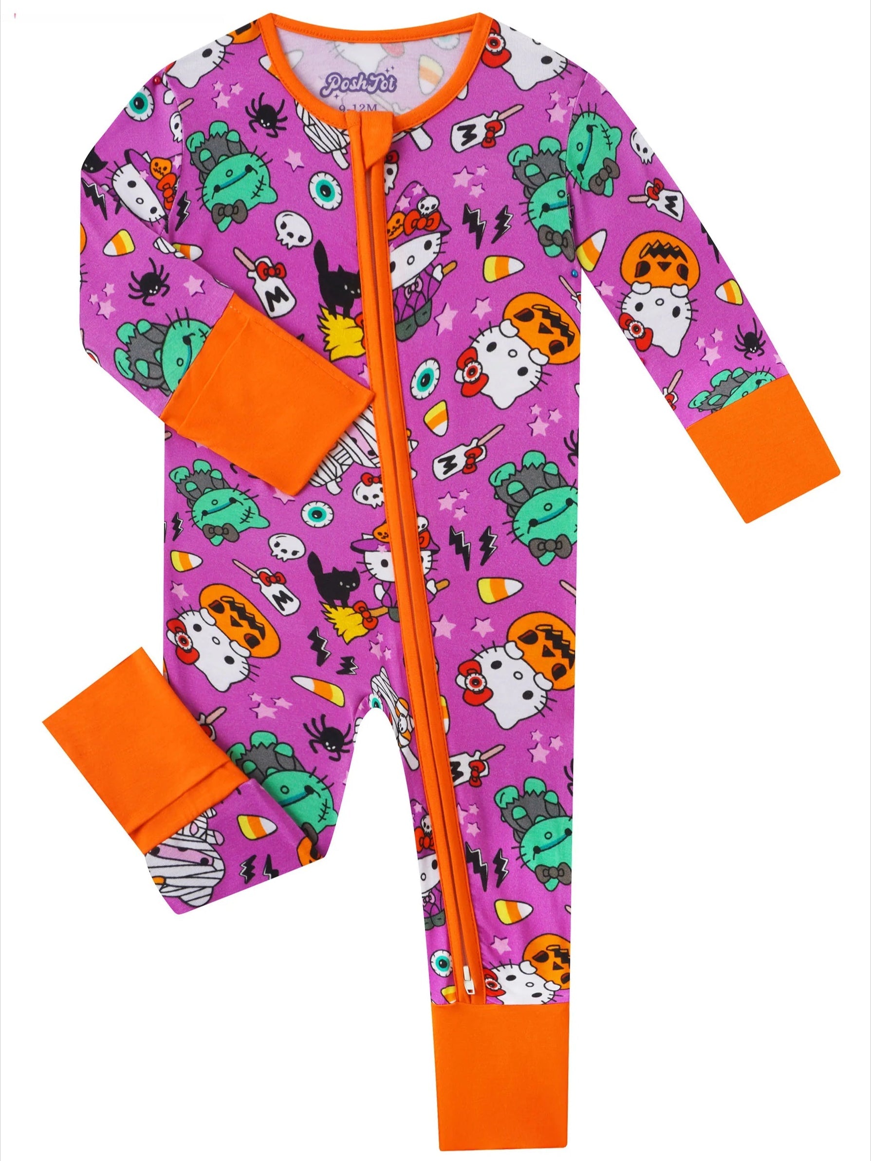 Baby zip-up romper in purple with orange cuffs and cartoon animal character print