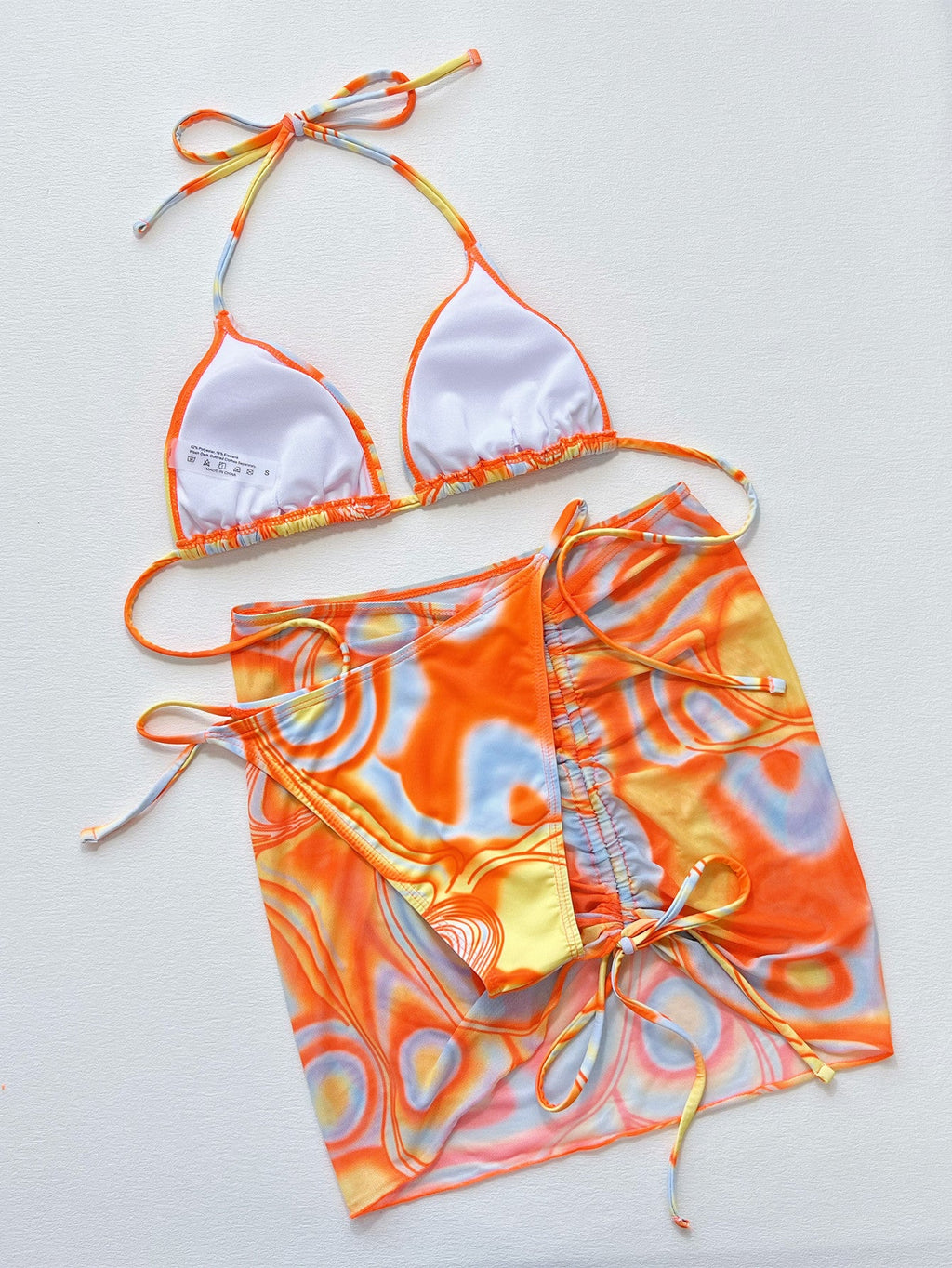3-Piece Multicolor Ruched Bikini with Drawstring Skirt