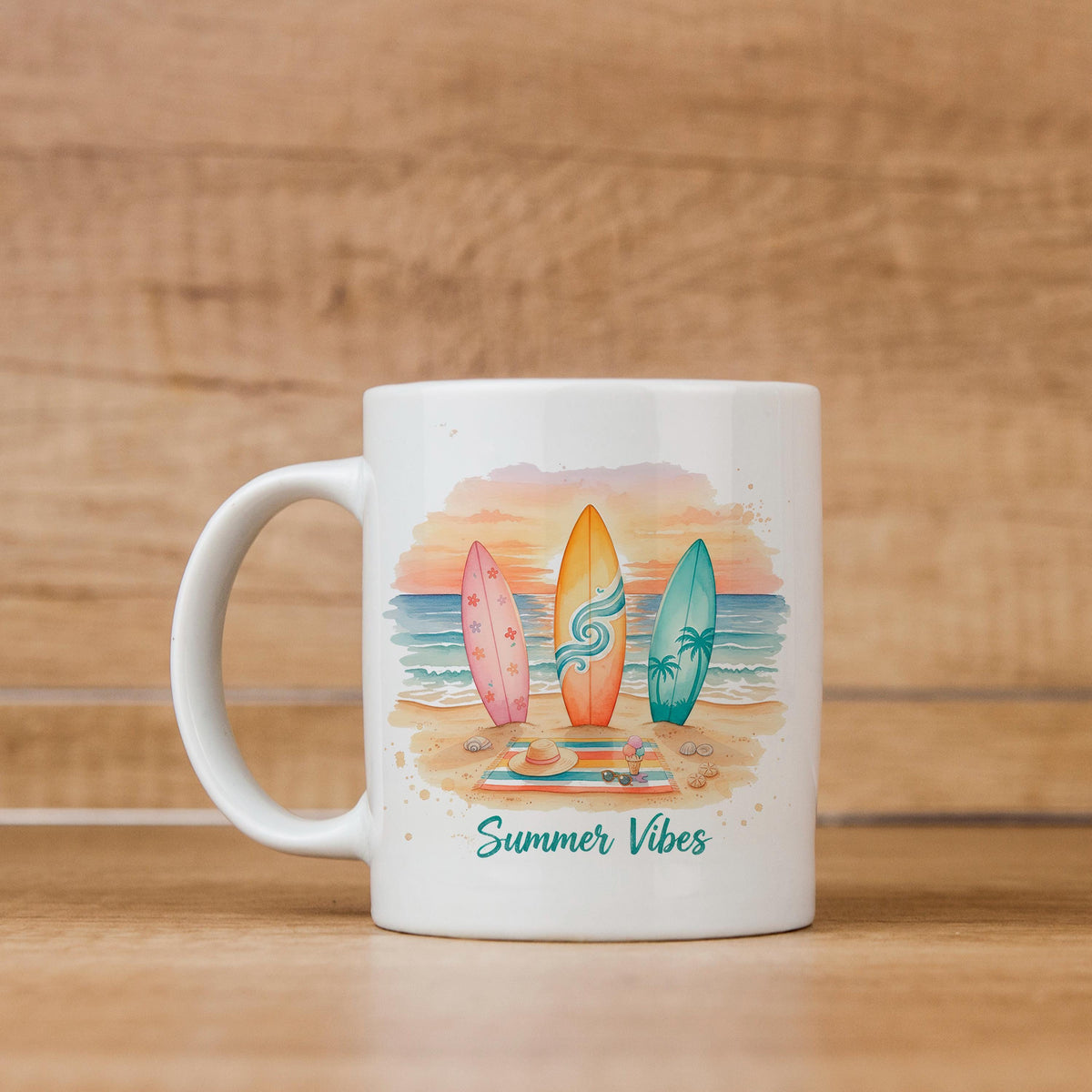 White ceramic mug with surfboard beach scene and 'Summer Vibes' lettering