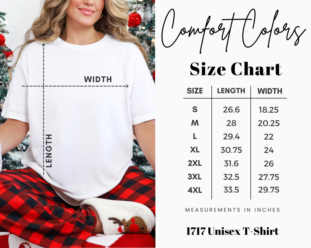 Size chart graphic for unisex T-shirt showing length and width measurements