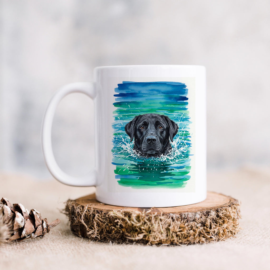 White ceramic coffee mug with watercolor black lab portrait and blue-green splash