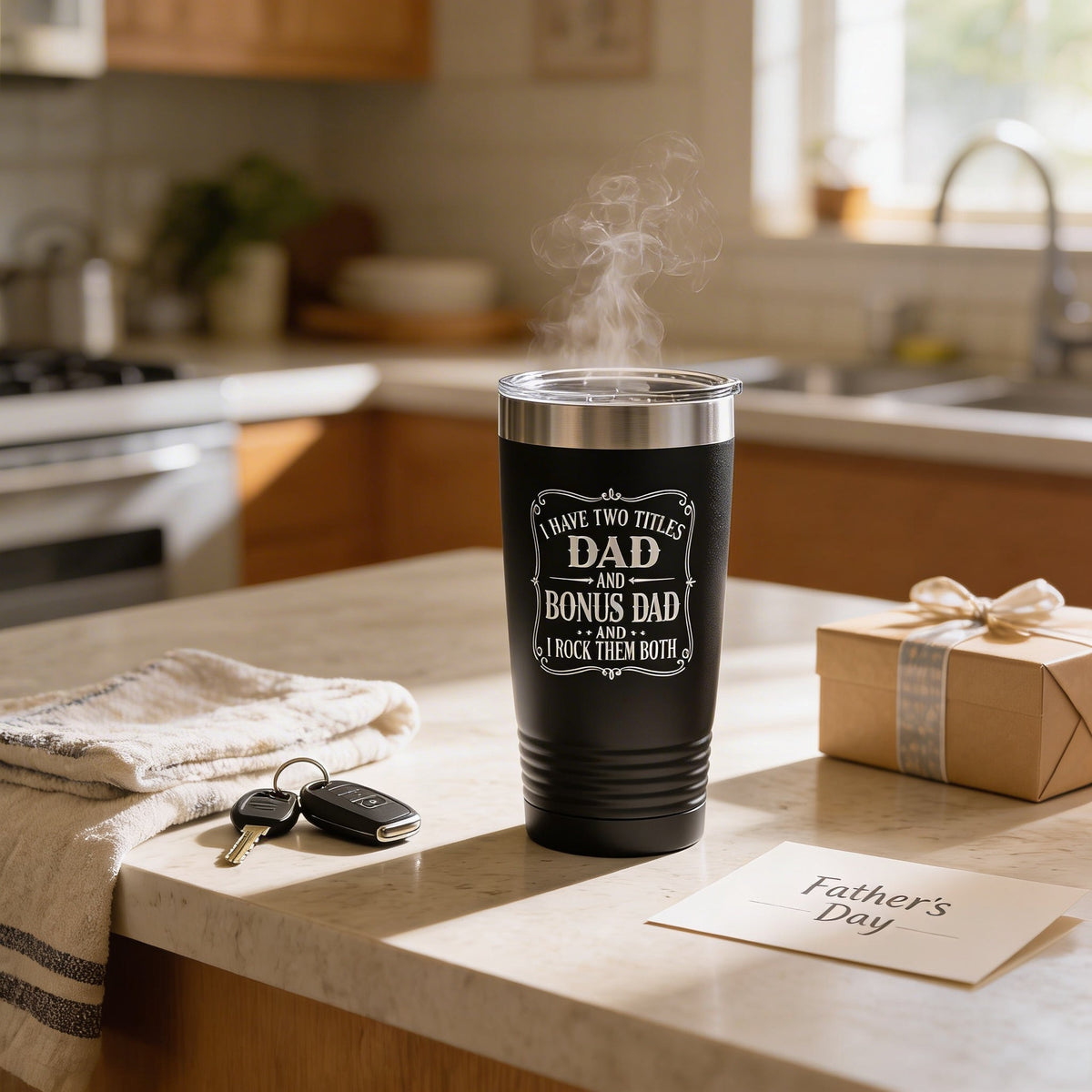 Black insulated travel mug with clear lid and 'Dad and Bonus Dad' text graphic