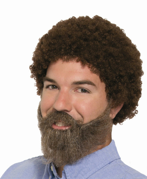 Brown curly afro wig with full beard and moustache