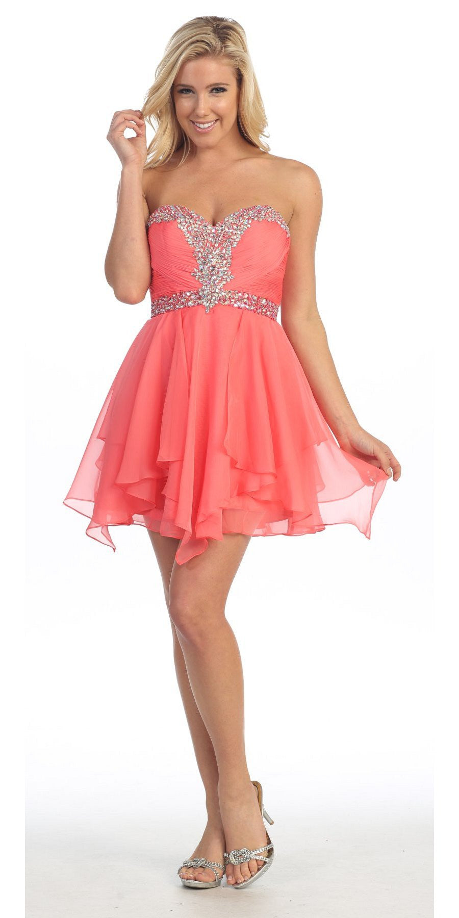 Coral A-line sweetheart dress with rhinestone bodice and layered tulle skirt, sleeveless