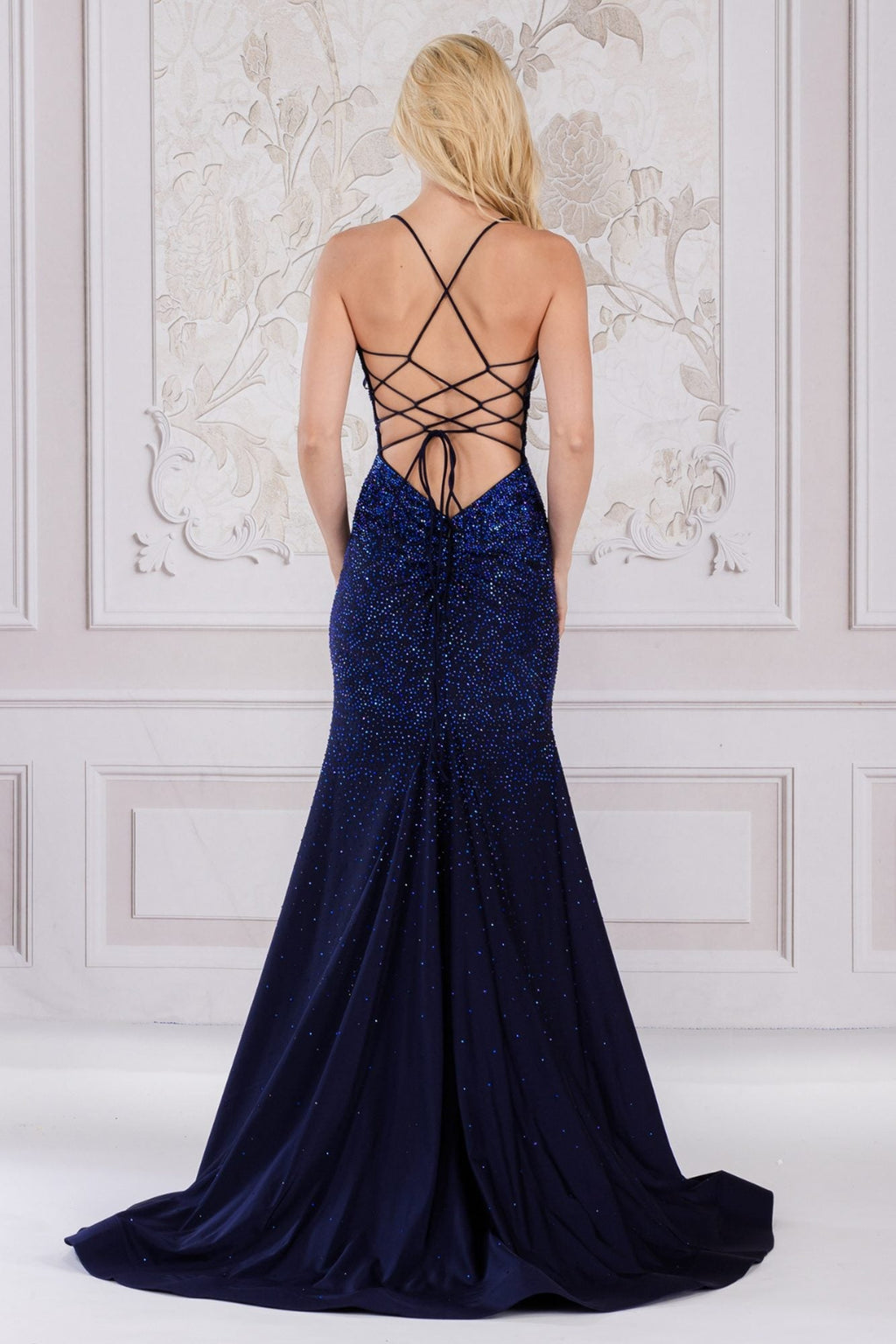 Sequined mermaid gown back with crisscross straps in deep navy blue