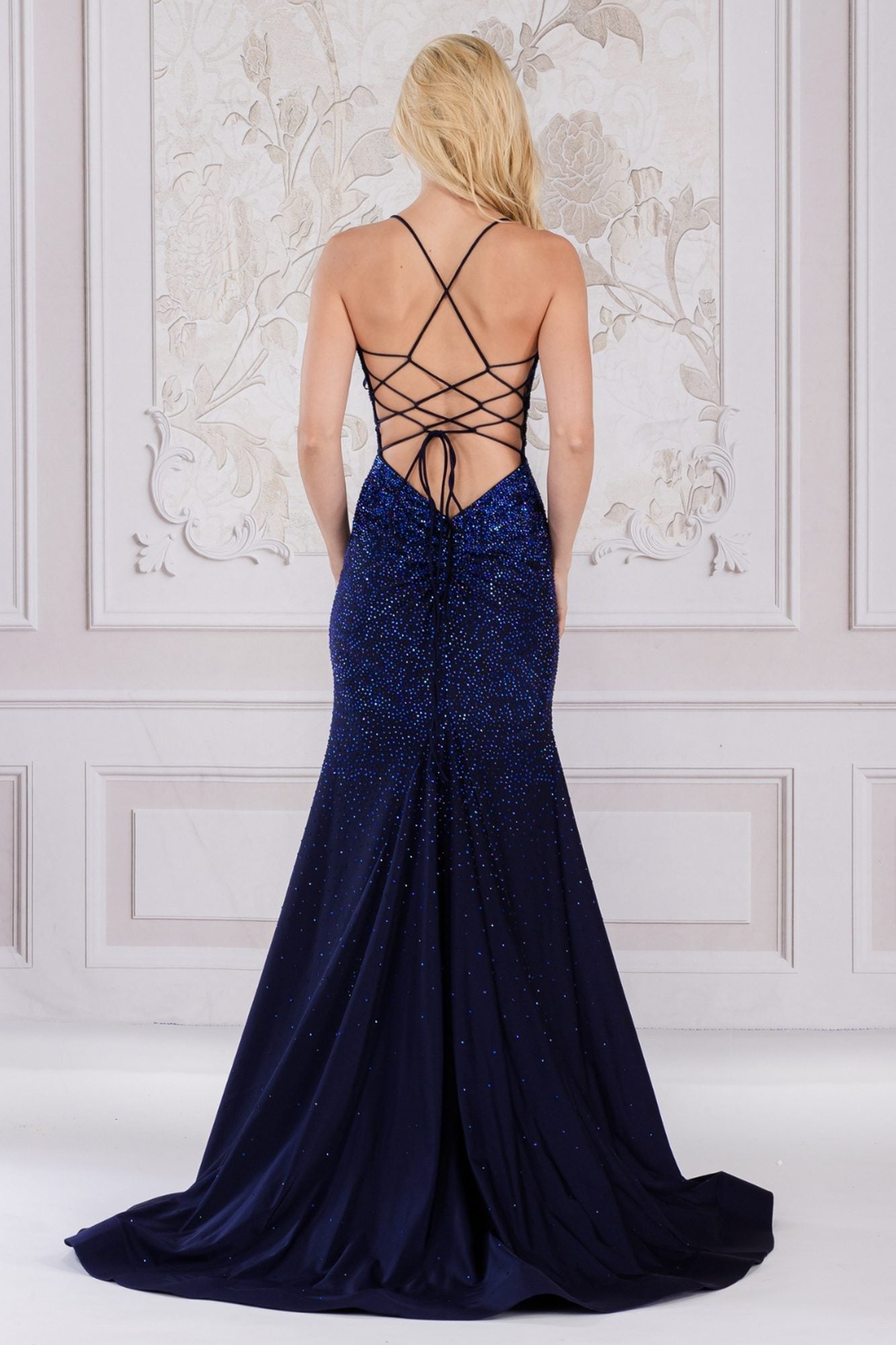 Sequined mermaid gown back with crisscross straps in deep navy blue