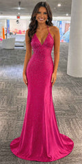 Hot pink long mermaid V-neck gown, sleeveless glitter bodice and fitted hem