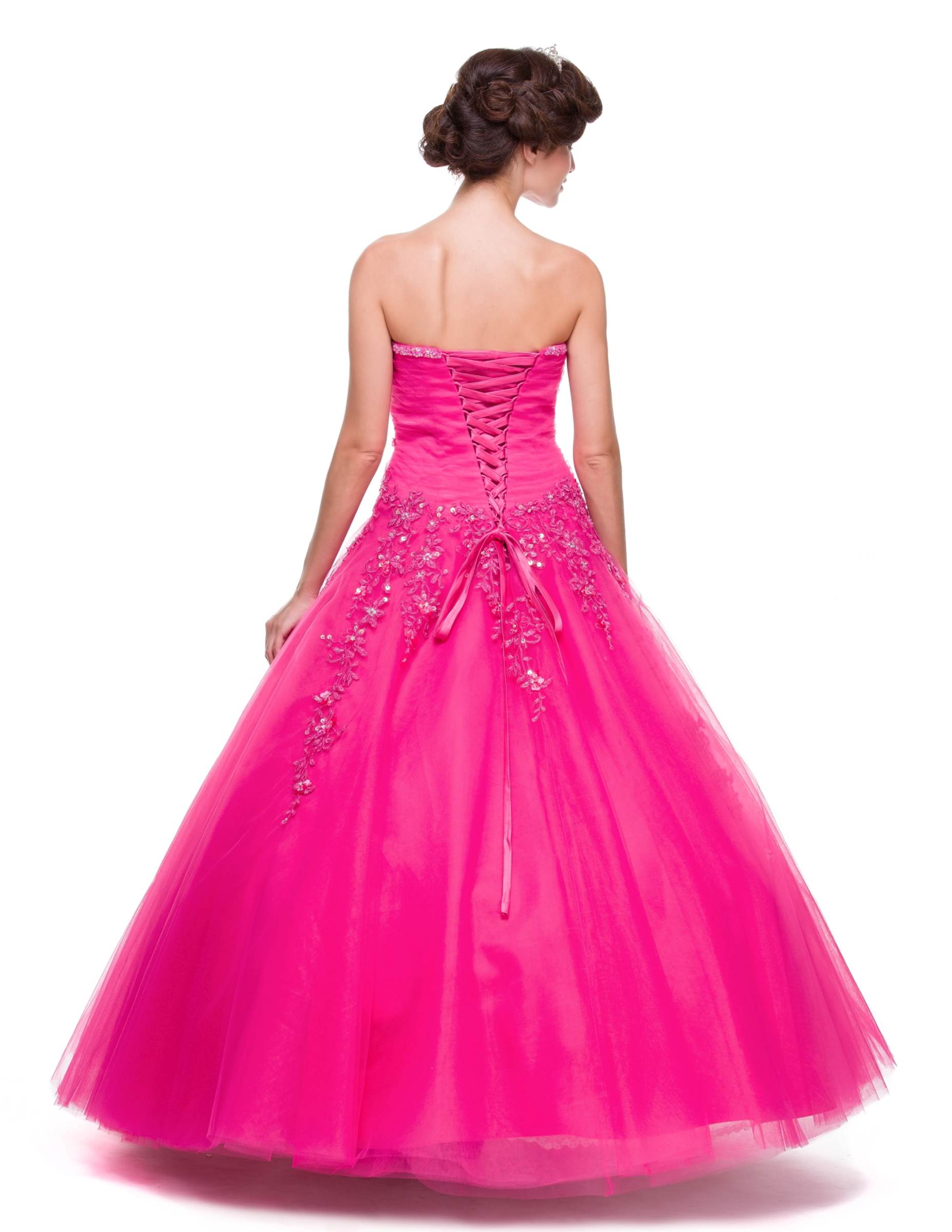 Fuchsia strapless tulle dress, open back with ruched detail and dangling beaded accents