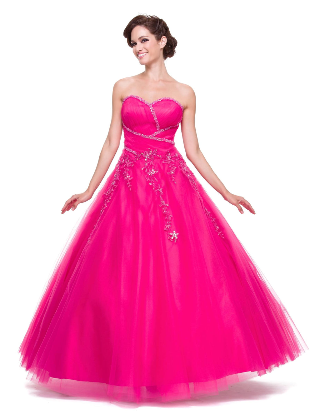 Fuchsia strapless A-line tulle dress with sparkling beading and full voluminous skirt