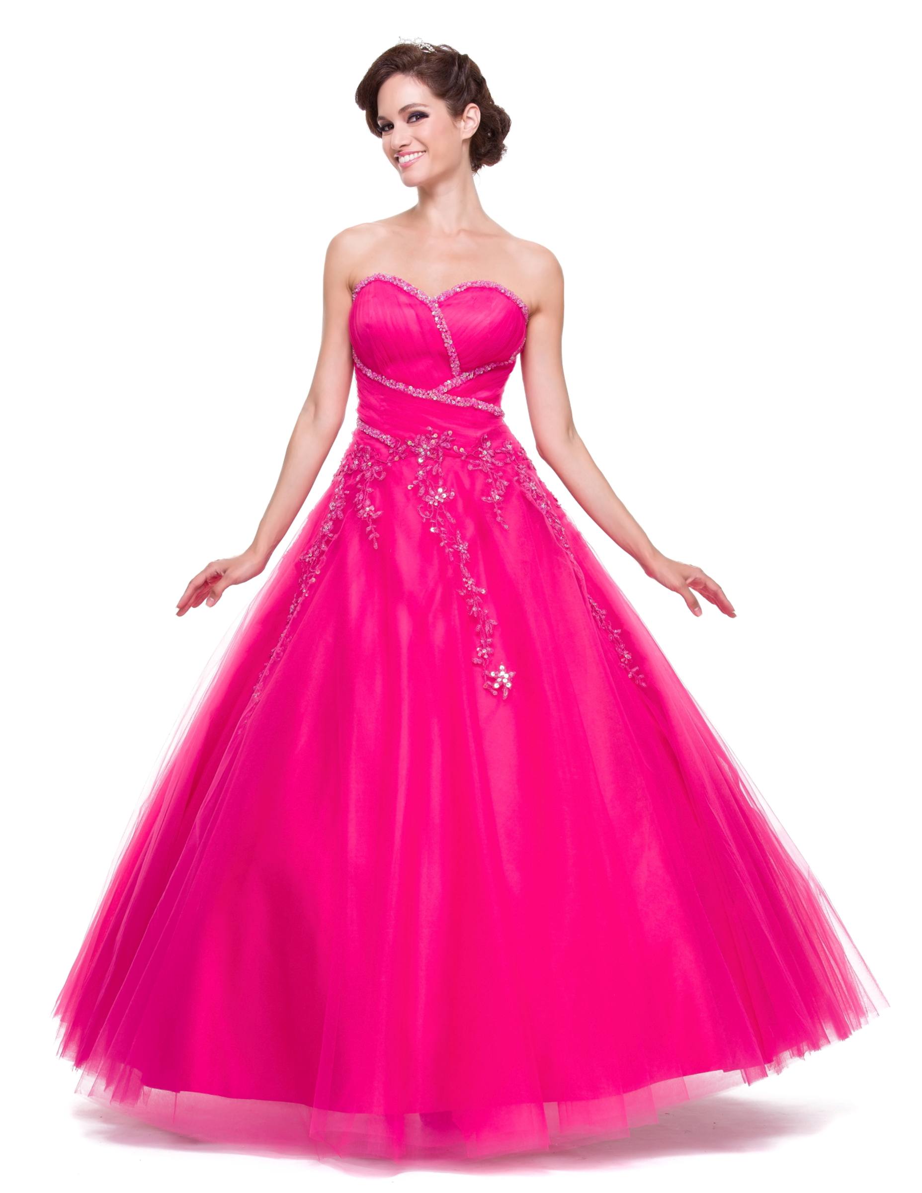 Fuchsia strapless A-line tulle dress with sparkling beading and full voluminous skirt
