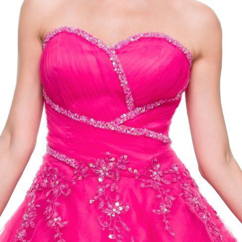 Fuchsia strapless bodice with rhinestone trim and floral beaded applique