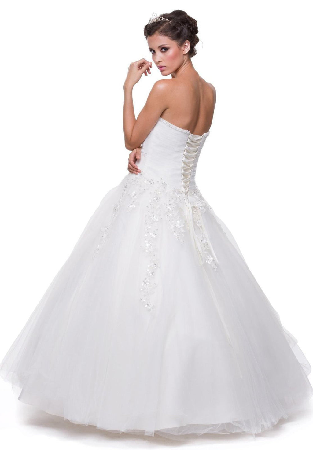 White strapless tulle dress with corset-style back and scattered beaded sparkle