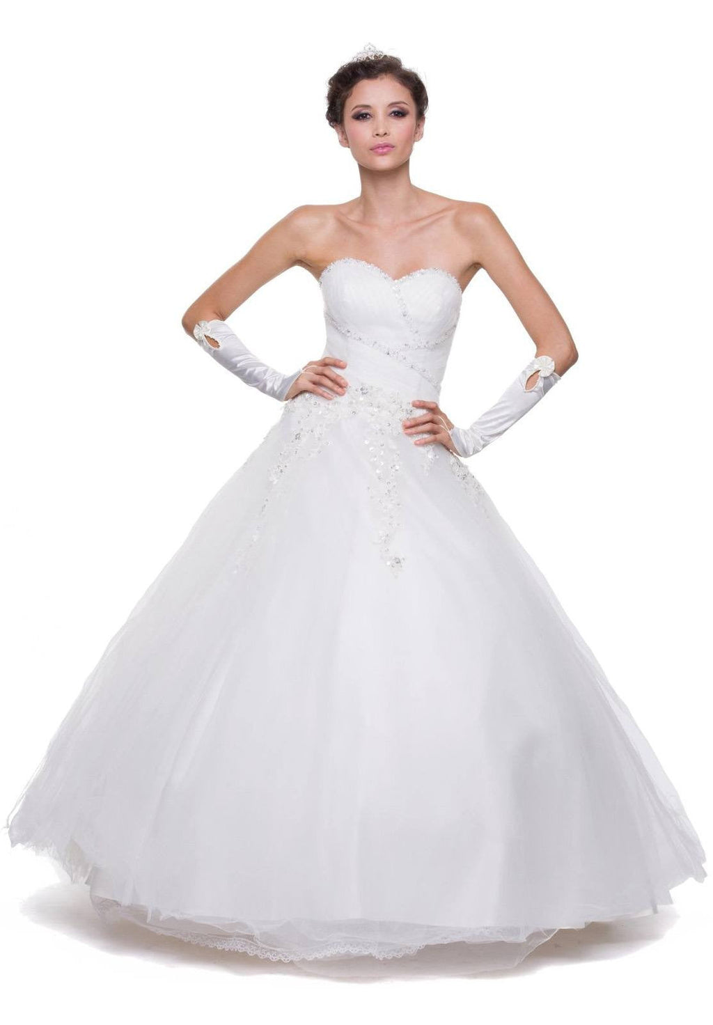 White strapless ballgown tulle dress with beaded bodice and full flared skirt