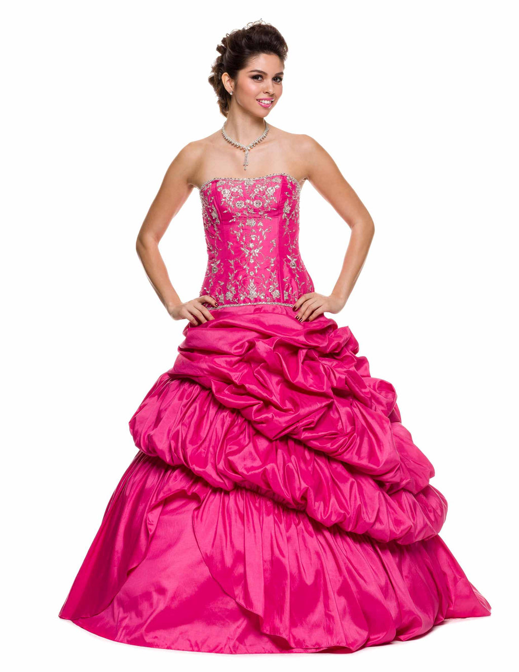 Fuchsia strapless quinceanera dress with floral embroidered bodice and layered ruffles