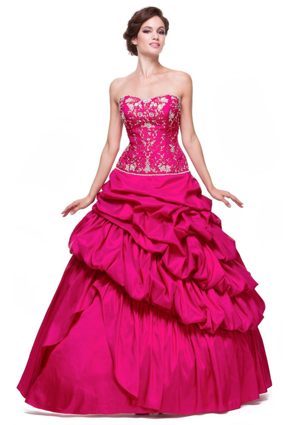 Fuchsia strapless quinceanera dress with embroidered bodice and tiered ruffle skirt