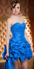 Dark turquoise ruched strapless short dress with layered skirt