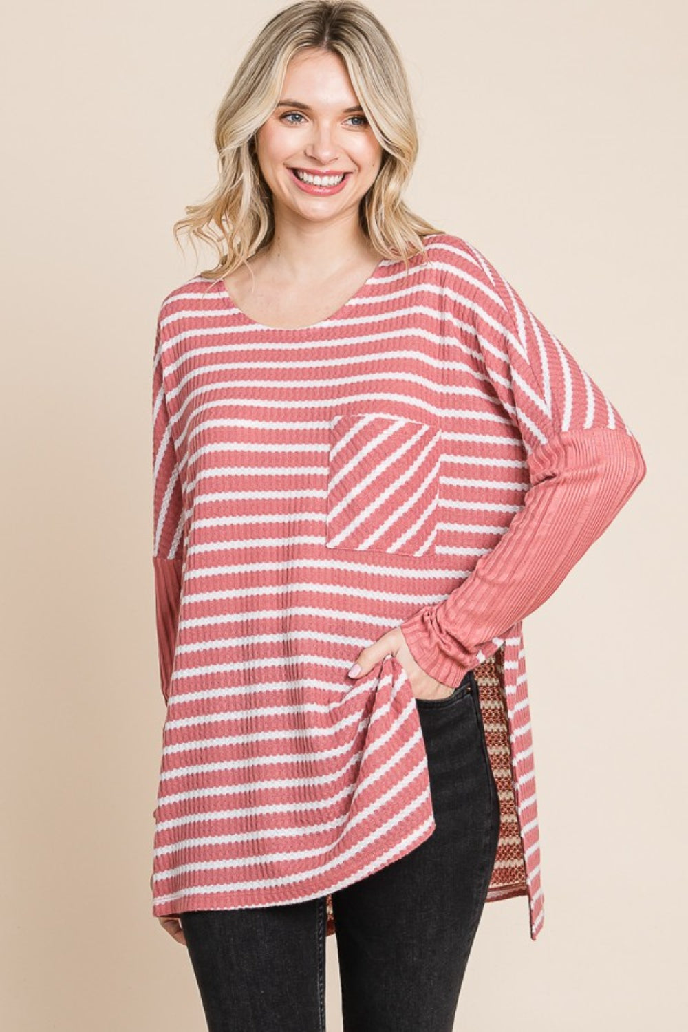 Oversized Striped Long Sleeve Tee with Side Slits