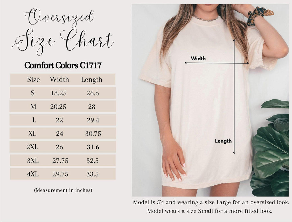 T-shirt size chart showing width and length measurements in inches for Comfort Colors
