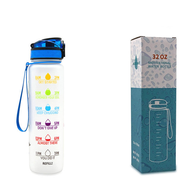 1L motivational time-marker water bottle with bounce cover, white-to-blue gradient, carry loop