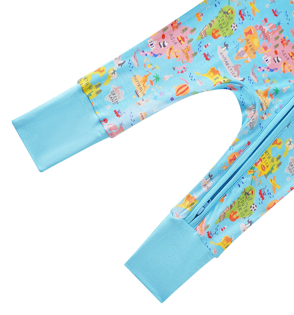 Baby bamboo romper showing light blue cuffs and front zipper on world map print