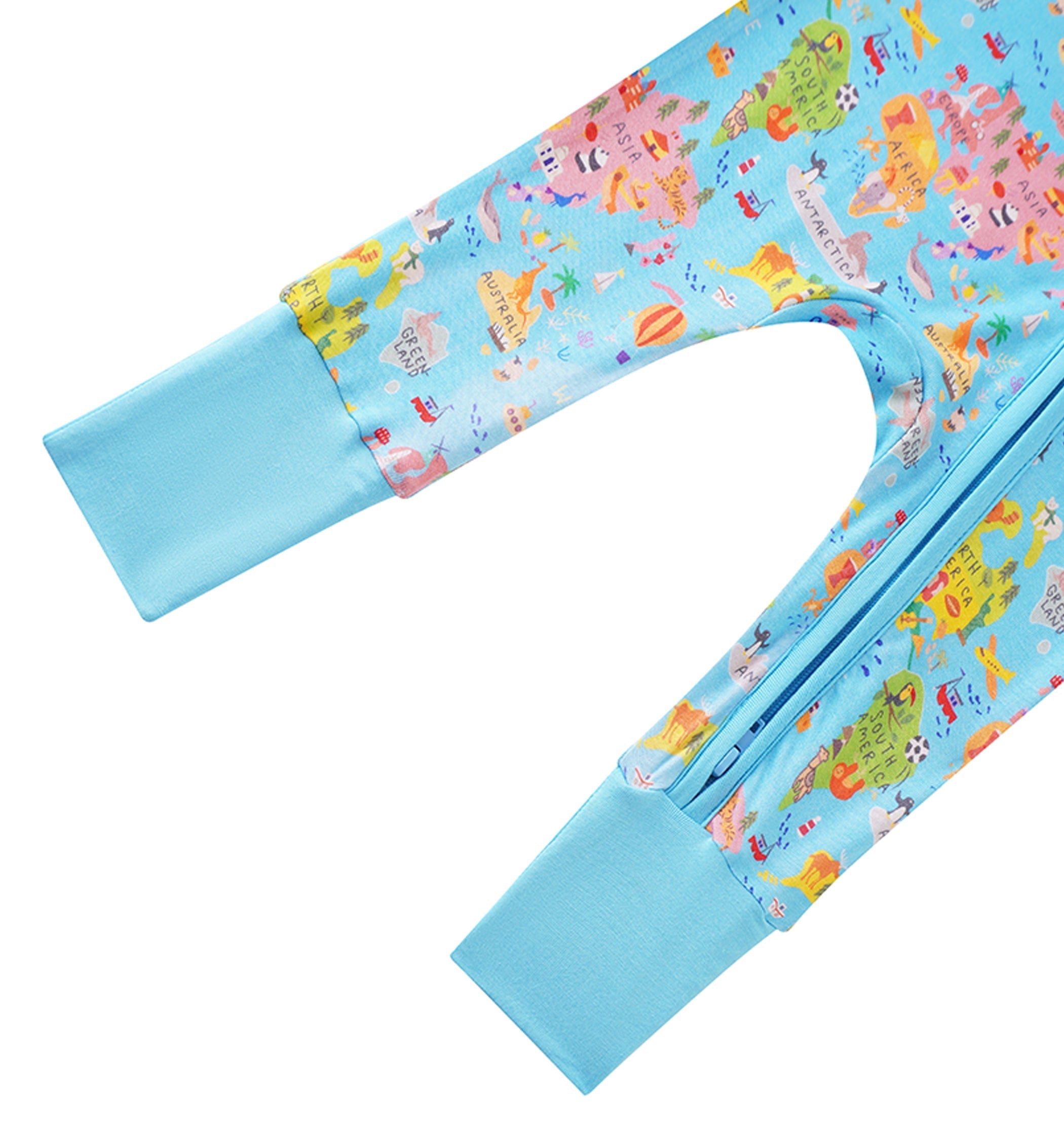 Baby bamboo romper showing light blue cuffs and front zipper on world map print