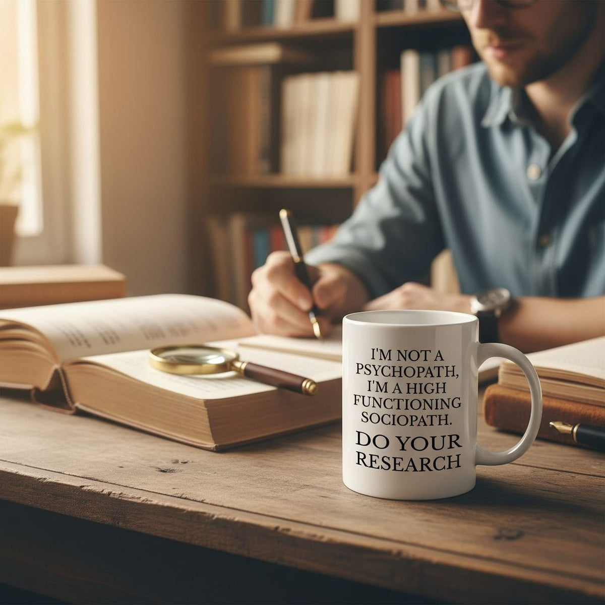White ceramic coffee mug with black quote “DO YOUR RESEARCH” and C-shaped handle.