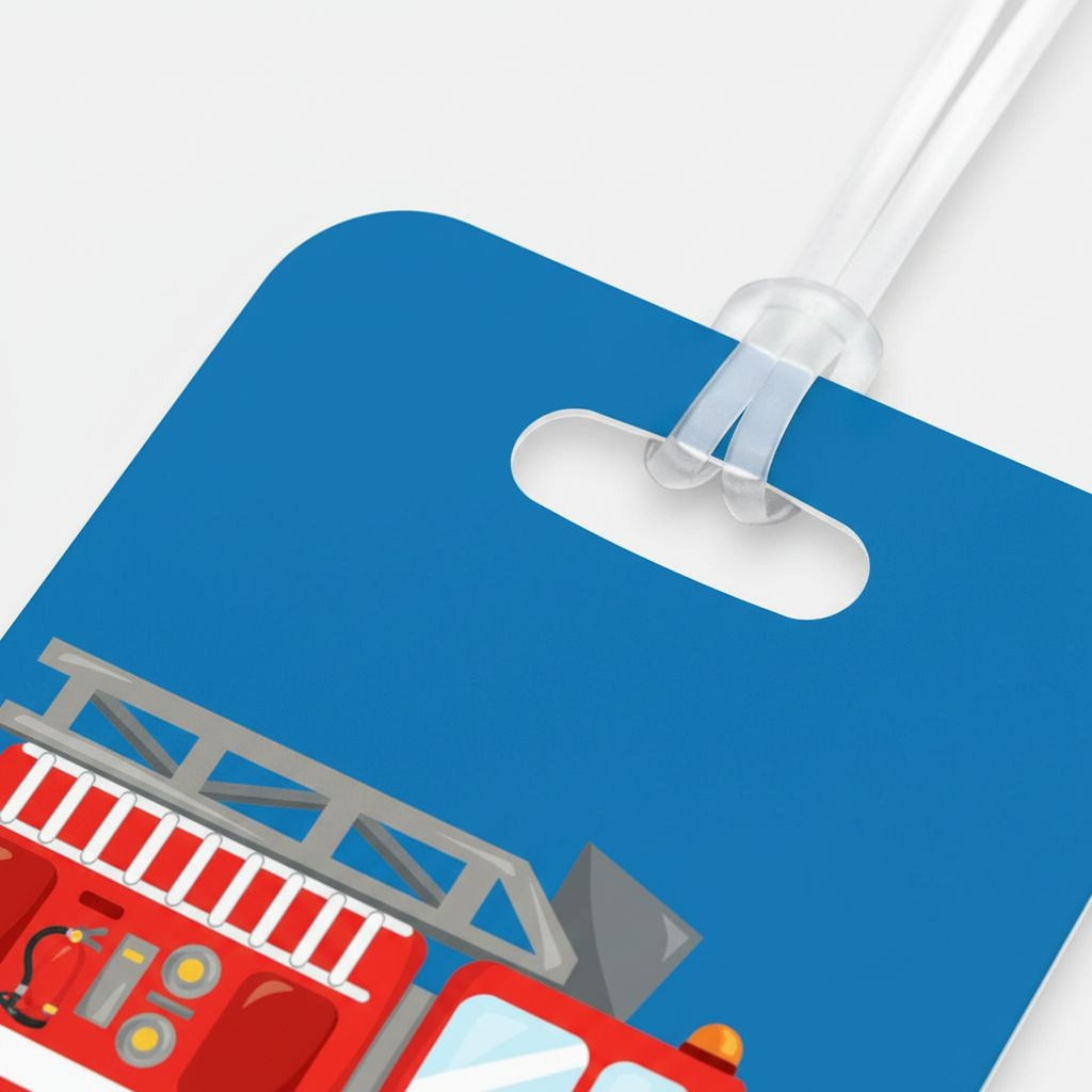 Rectangle name tag close-up with blue background and partial fire truck illustration