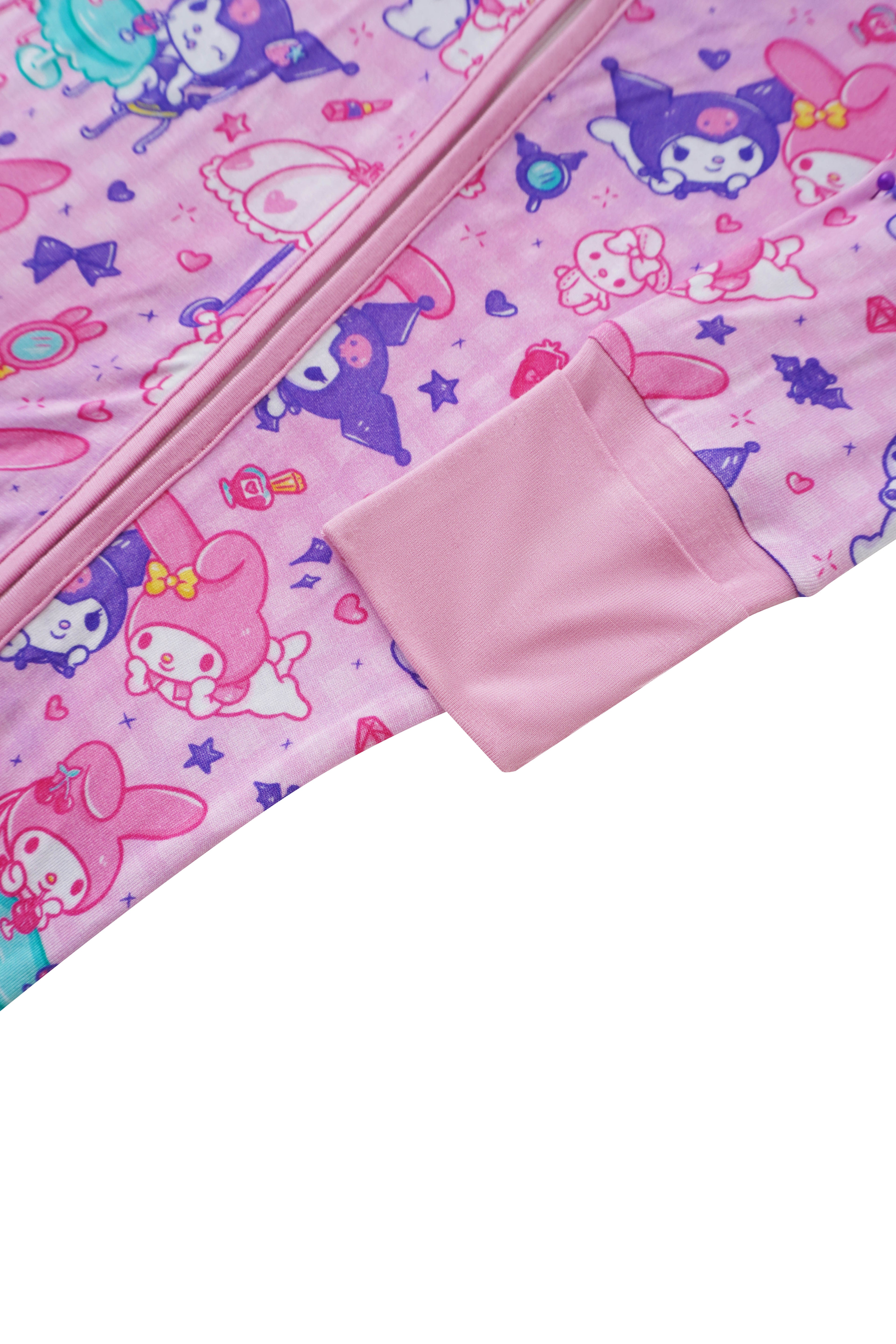 Pink bamboo baby romper sleeve and leg cuff with allover Kuromi character print