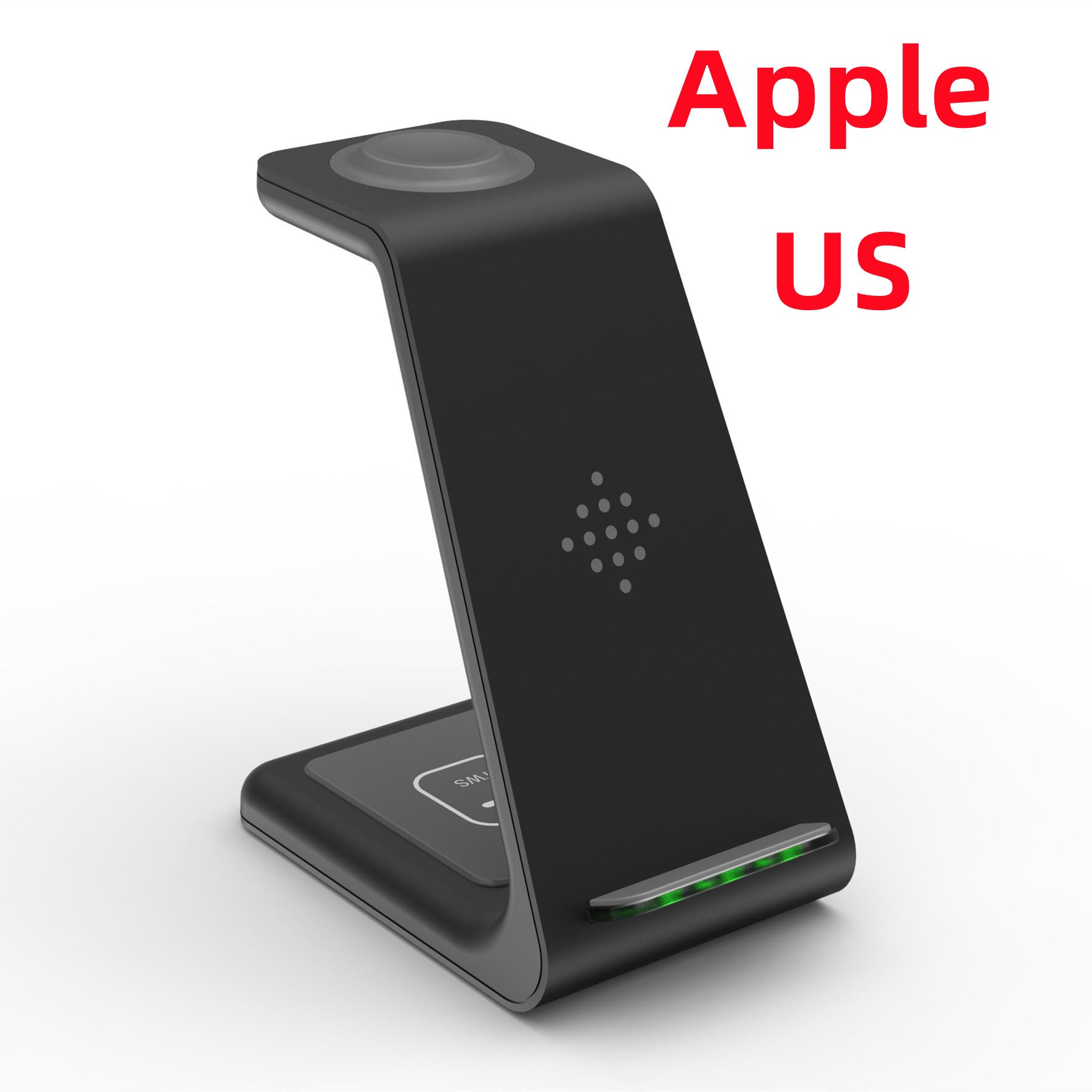 Black wireless charger stand dock with angled charging pad and green LED