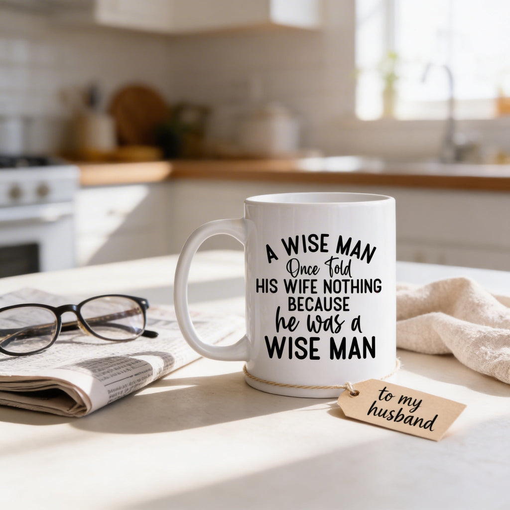 White ceramic coffee mug with "A WISE MAN" quote in bold black lettering