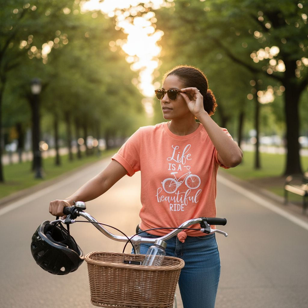 Coral graphic bicycle quote T-shirt on cyclist, showing white “Life is a beautiful ride”