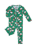 Green bamboo baby zippy romper with Hello Kitty allover print and long sleeves