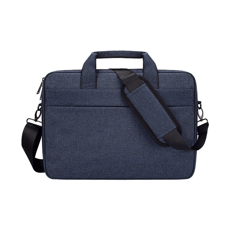 Navy blue laptop shoulder bag with top handle, front zipper pockets, and adjustable strap