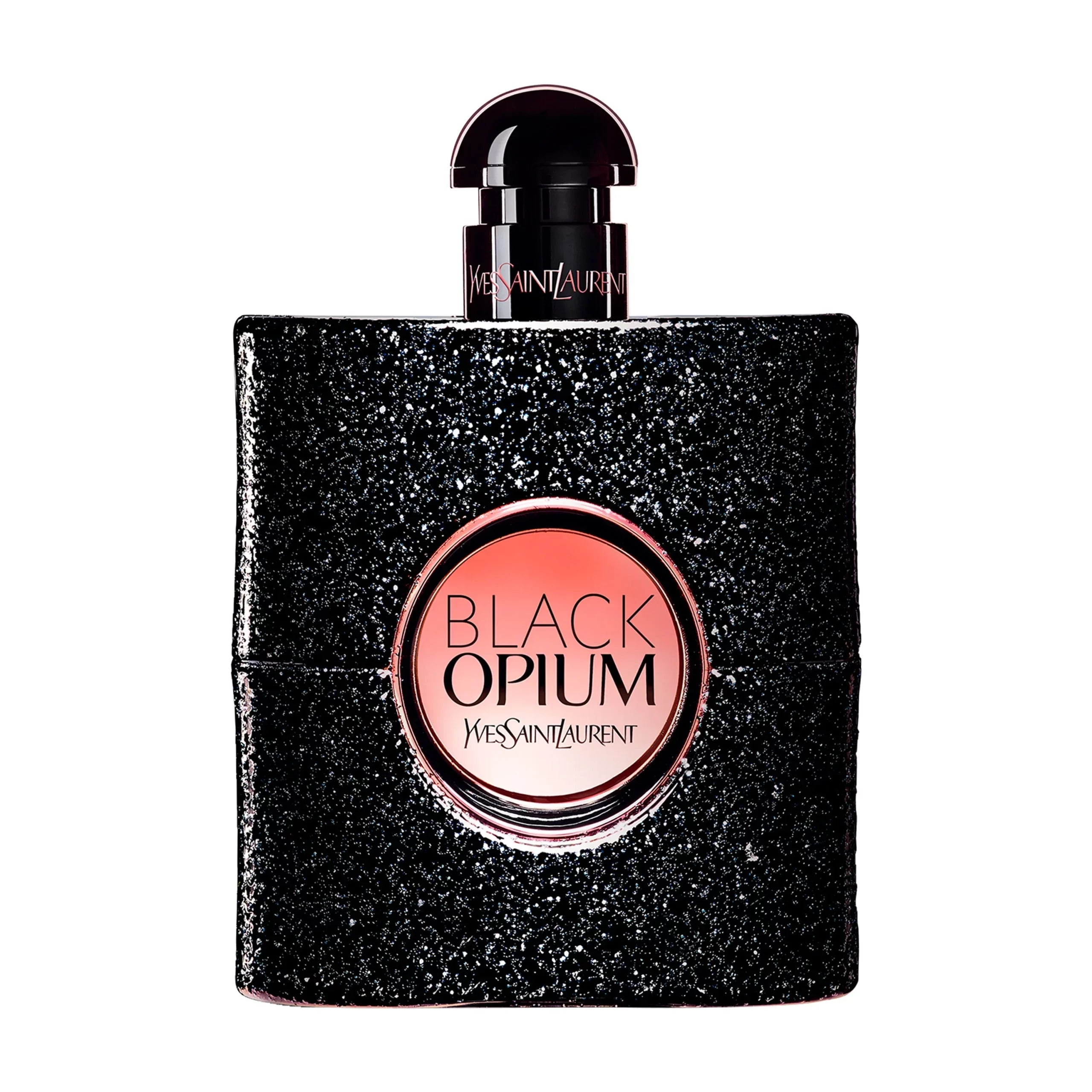 Yves Saint Laurent Black Opium eau de parfum bottle with pink label and black cap