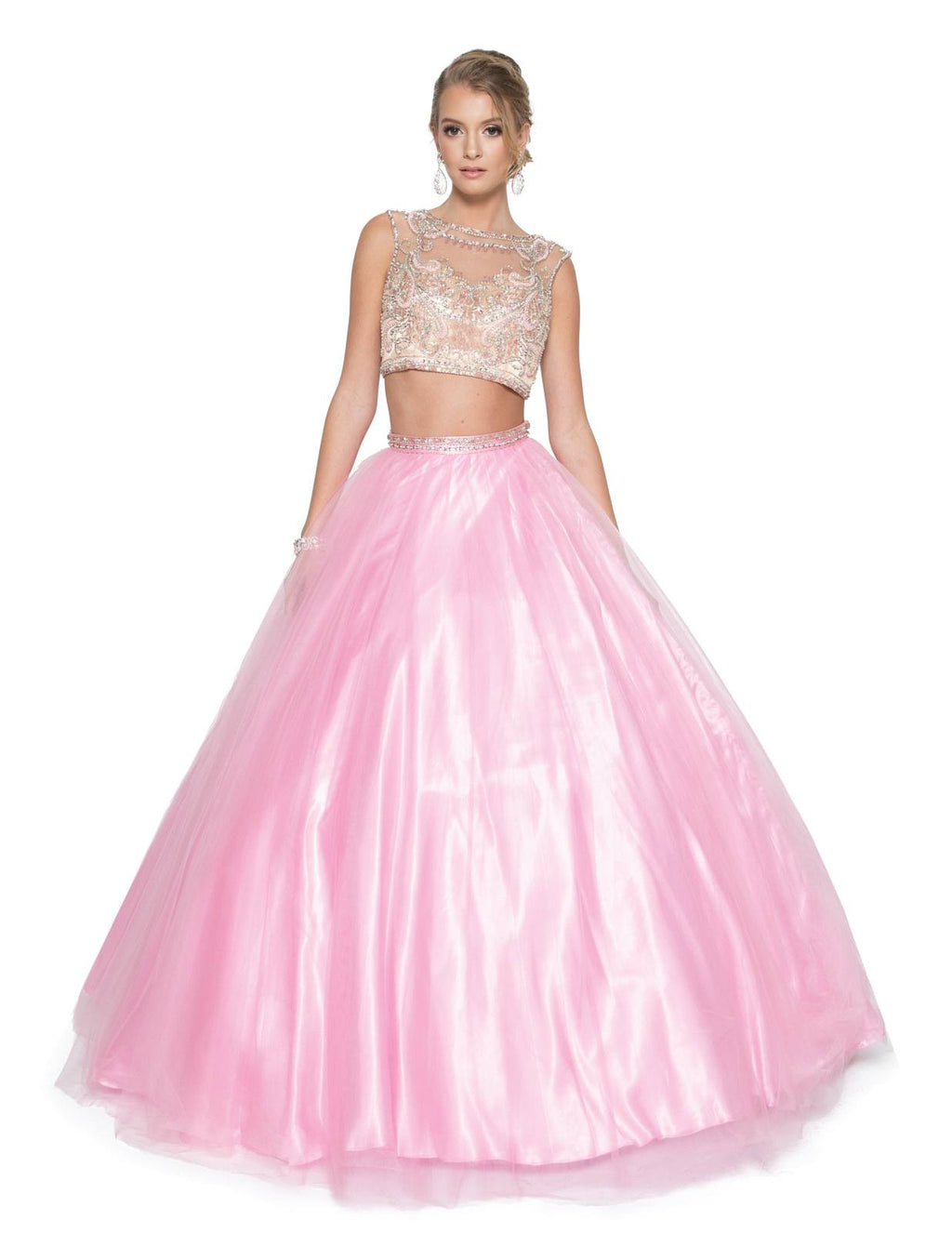 Light pink tulle two-piece quinceanera dress with embellished bodice and gathered full skirt