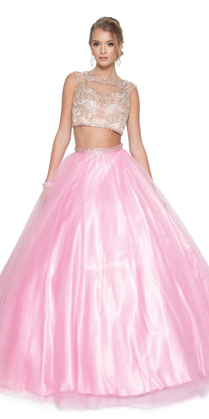 Light pink tulle quinceanera dress with embellished sleeveless-look bodice and full skirt