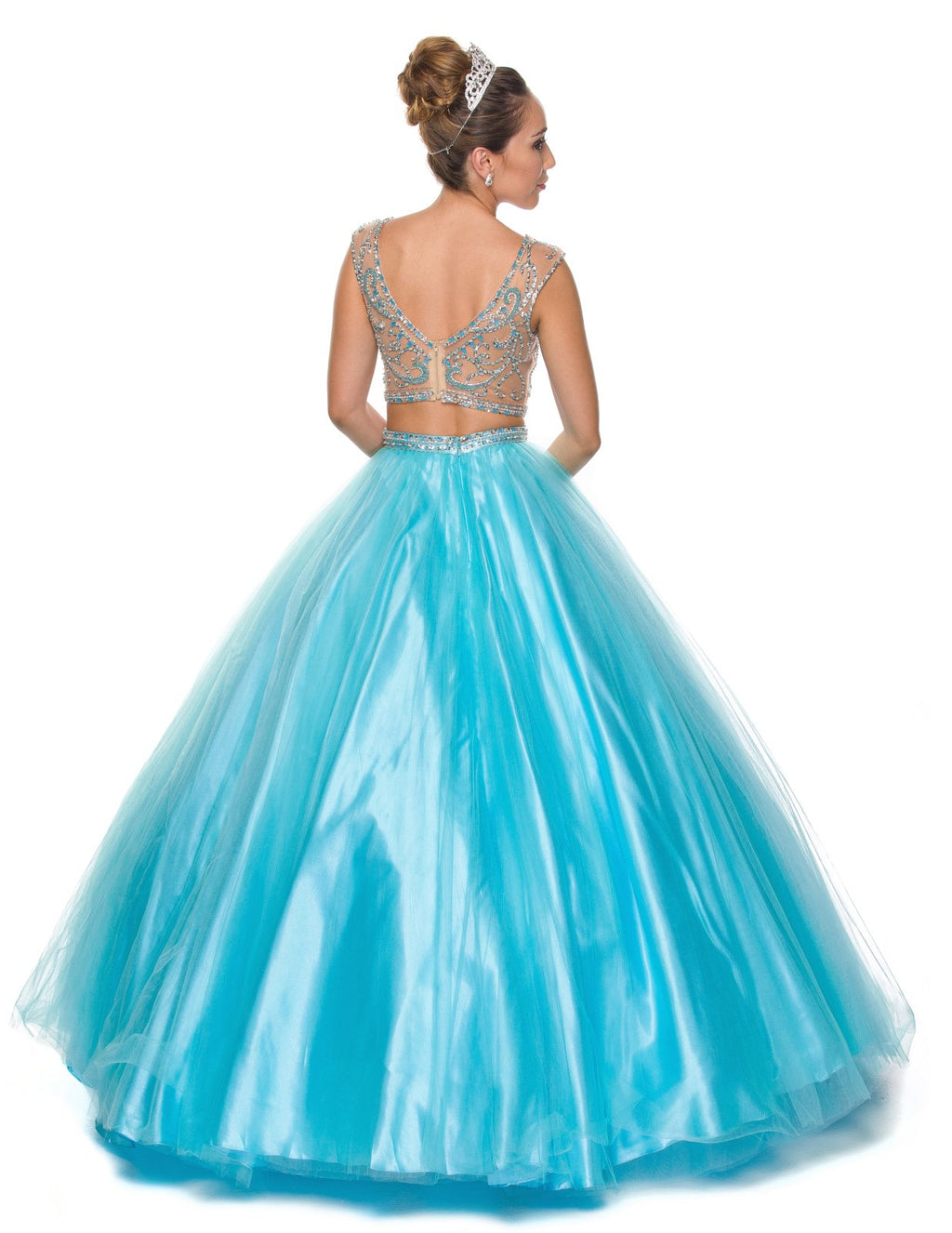 Turquoise tulle quinceanera dress, back view with embellished bodice and full flared skirt
