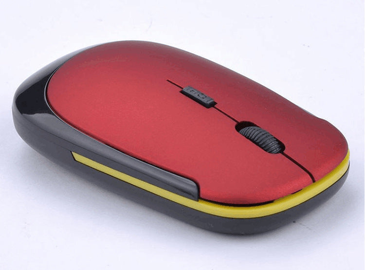 Red wireless mouse with yellow trim and scroll wheel