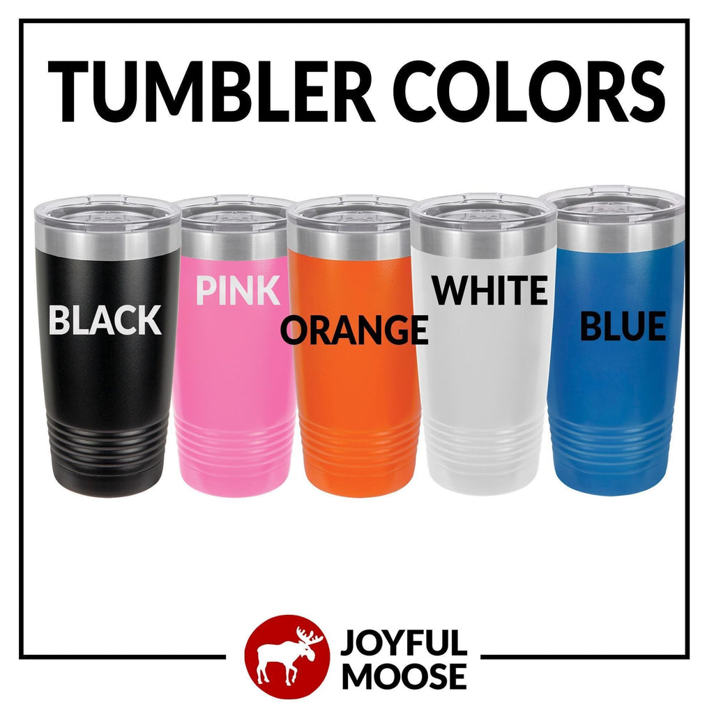 Tumbler colors chart showing black, pink, orange, white, and blue insulated cups with lids