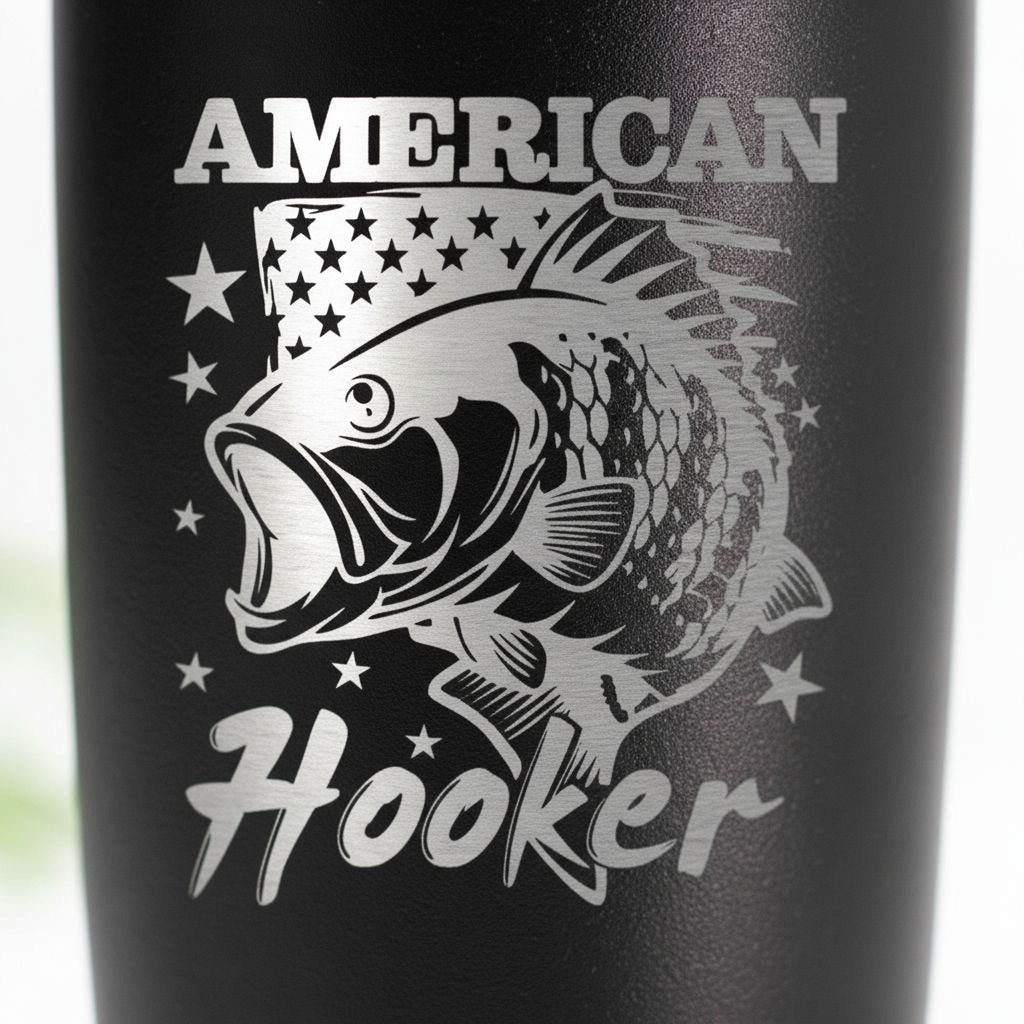 Black insulated tumbler with spill-resistant lid featuring American Hooker fish logo
