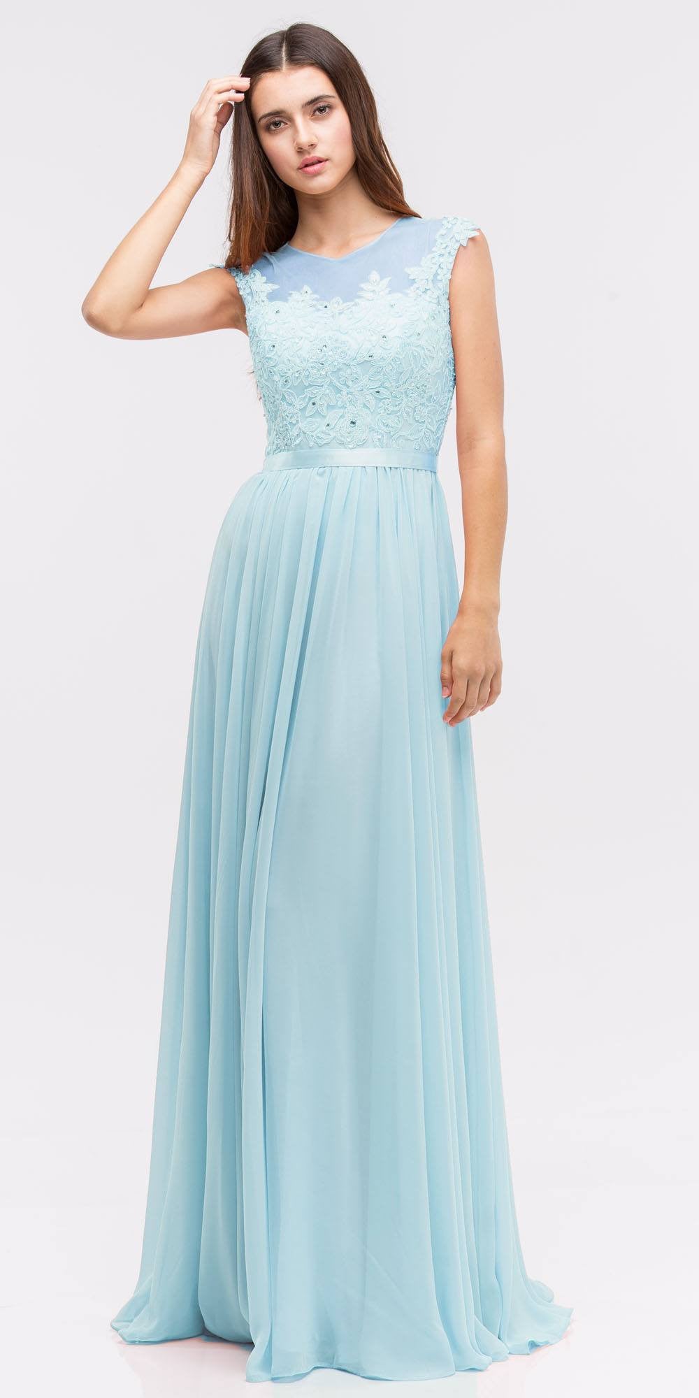 Light blue lace illusion bodice sleeveless A-line long dress with chiffon skirt