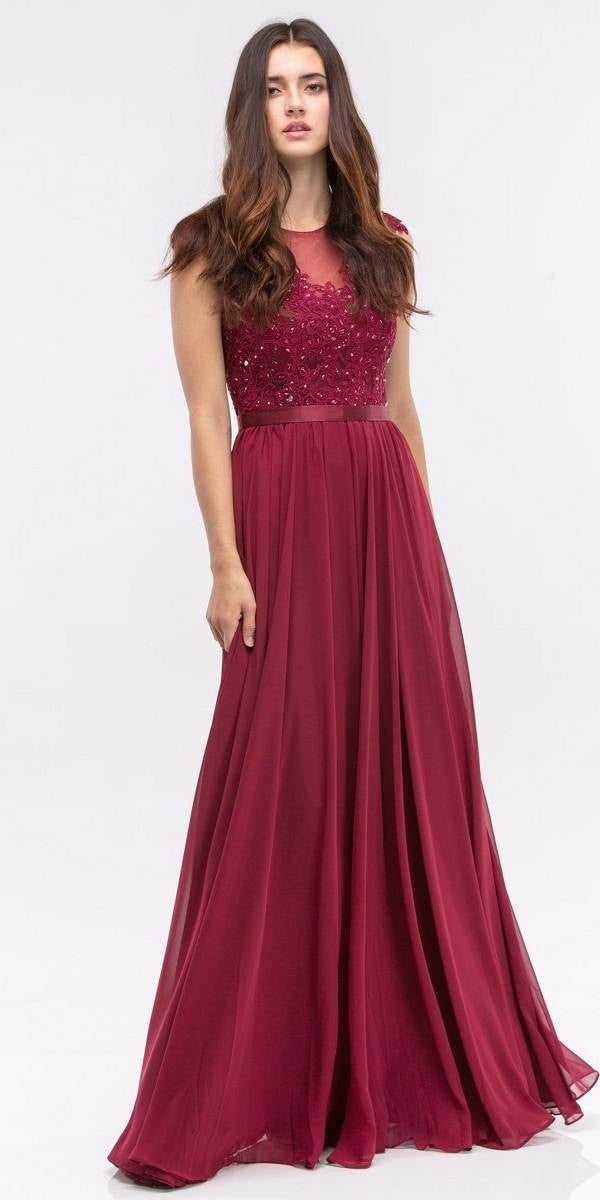 Burgundy lace illusion bodice bateau A-line long dress with flowing chiffon skirt