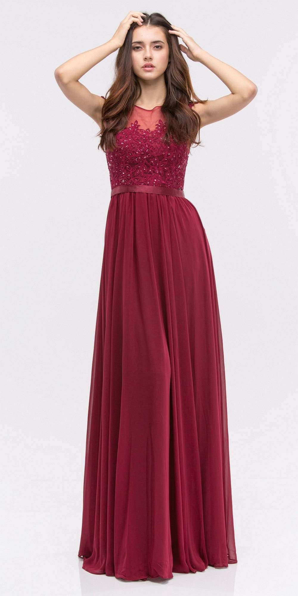 Burgundy lace illusion bodice sleeveless A-line long dress with pleated skirt