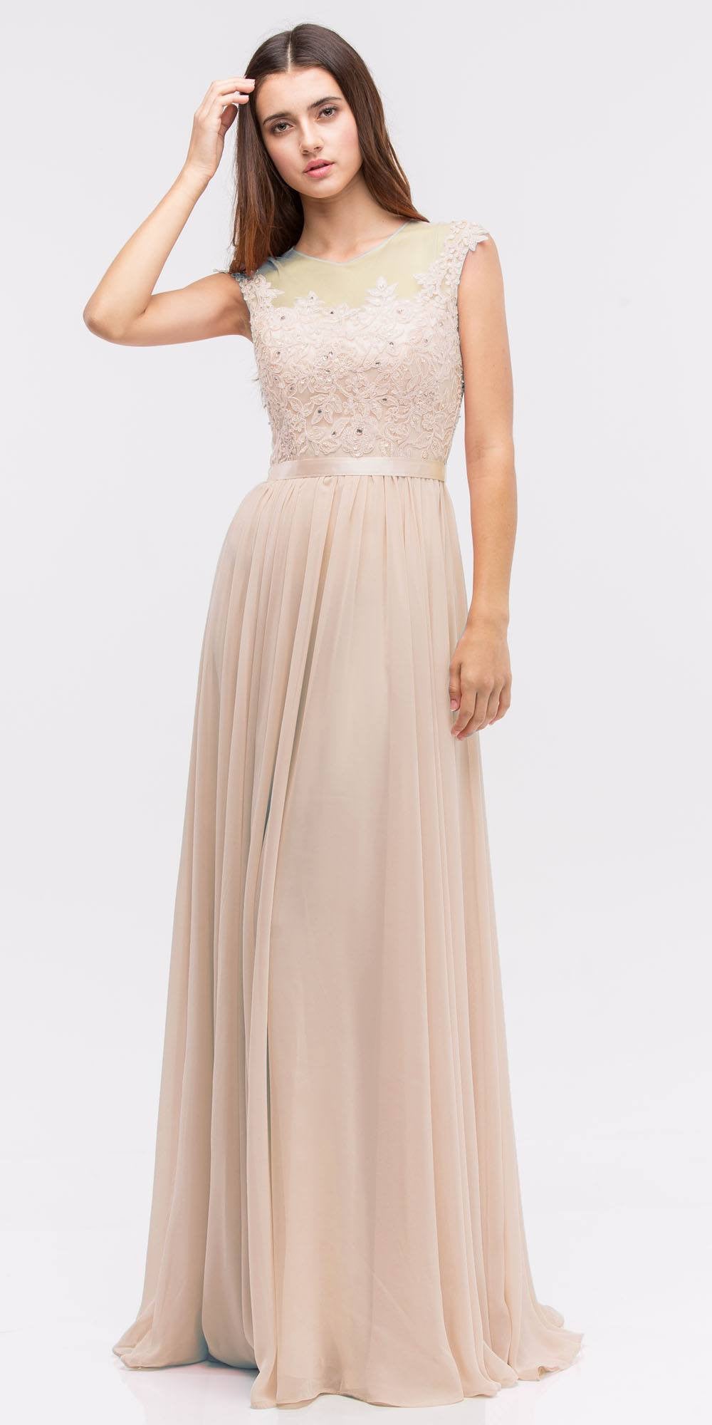 Champagne lace illusion bodice bateau A-line long dress with tulle skirt