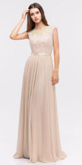 Champagne lace illusion bodice bateau A-line long dress with tulle skirt