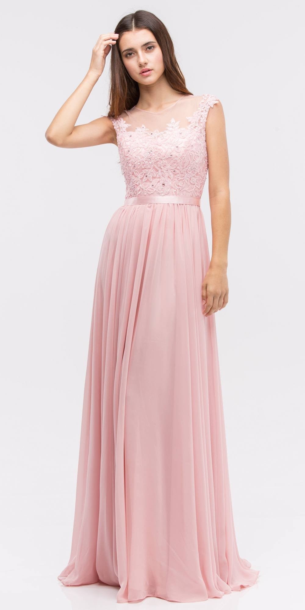 Blush pink lace illusion bodice bateau A-line long dress with soft tulle skirt